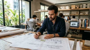 arquitecto para construir casa en Perú revisando planos