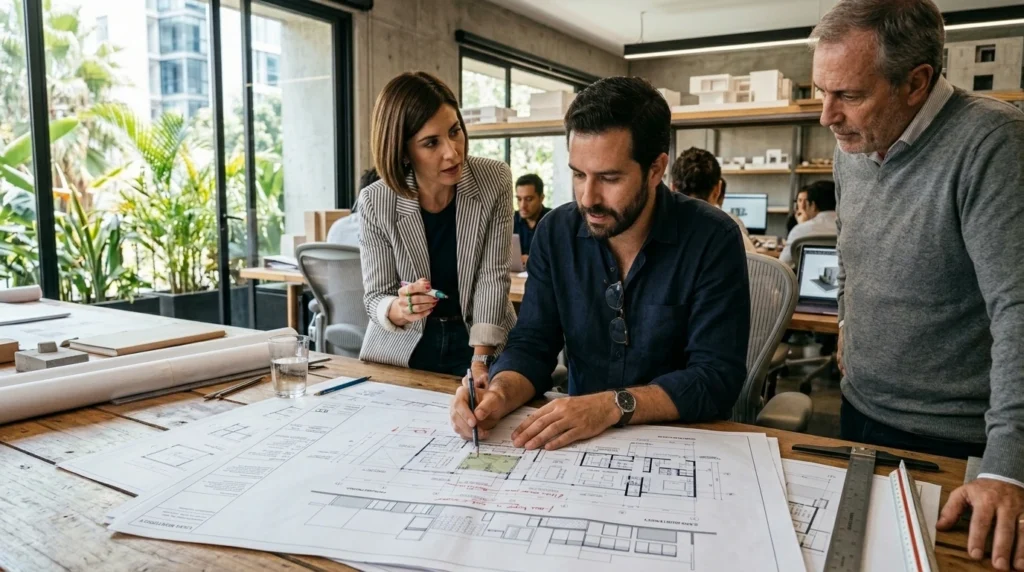 equipo de arquitectos trabajando en proyecto de vivienda en Perú