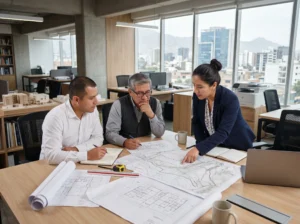 arquitectos revisando documentos terreno Perú